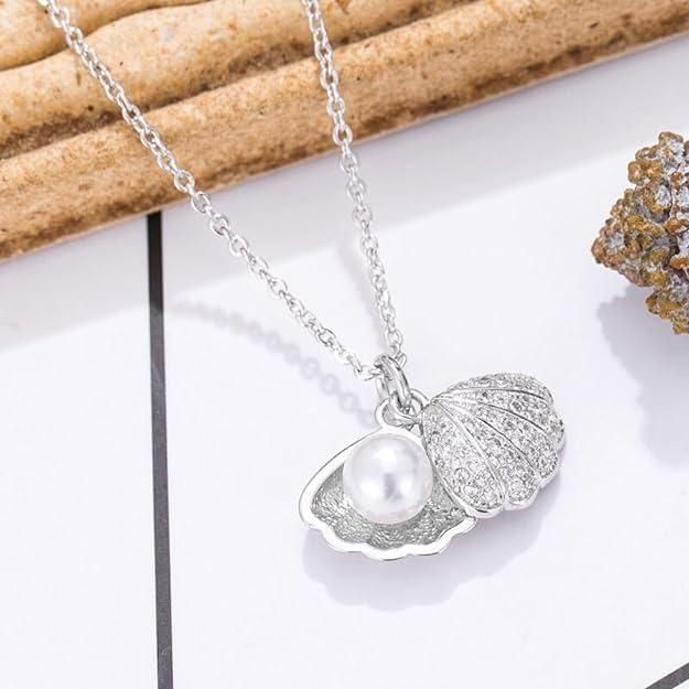 Oyster Pearl Shell Pendant Silver Plated Necklace for Women's